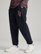 Mens Ethnic Ornament Embroidered Pocket Ankle Length Pants - Navy