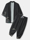 كيمونو رجالي بطباعة على الطريقة اليابانية من قطعتين ملابس مع سروال قصير - أسود