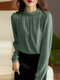 Solid Long Sleeve Ruffle Trim Stand Collar Blouse - Green