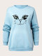 Plus Size Lovely Cat Print O-neck Loose Casual Sweatshirt - Blue