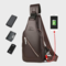 Men PU Leather USB Charging Waterproof Earphone Hole Business Crossbody Bag Chest Bag Sling Bag - Brown