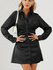 Women Solid Color Lapel Button Pleated Long Sleeve Sexy Dress - Black