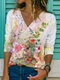 Plus Size Flower Print V-neck Long Sleeve Casual T-shirt - Pink