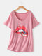 Red Lips Printed Short Sleeve V-neck Casual T-shirt For Women - Pink