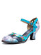 Socofy Genuine Leather Retro Fashion Floral Colorblock Comfy Mary Jane Heels - Blue