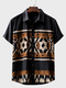 Mens Ethnic Geometric Print Patchwork Button Up Short Sleeve Shirts - Black