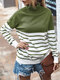 Striped Patch High Neck Casual Women Sweater - Army