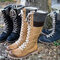 Plus Size Women Splicing Pu Leather Lace Up Block Heel Long Boots - Khaki