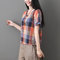 Literary Retro Women's Cotton And Linen Loose Thin Short-sleeved Casual Plaid Short-sleeved T-shirt Top - Orange