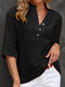 Blusa casual de media manga con cuello alto y botones sólidos - Negro