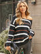Stripe Print Drop Shoulder Long Sleeve Loose Sweater - Black