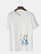 Mens Chinese Style Crane Print V-Neck Cotton Linen Loose Half Sleeve T-Shirts - White
