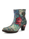Socofy Vintage Floral Print Embossed Leather Side-zip Comfortable Chunky Heel Short Boots - Blue