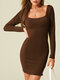 Solid Color Long Sleeve Square Collar Mini Sexy Dress - Brown
