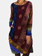 Plus Size Vintage Ethnic Geometric Print O-neck A-line Loose Dress - Wine Red