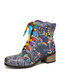 SOCOFY Brief Flowers Broded Splicing Printed Leather Wearable Chunky Heel Short Boots - bleu