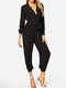 Solid Color Knotted Waistband Long Sleeve Casual Jumpsuit for Women - Black