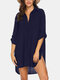Women Solid Color Cover Up Loose Sun Protection High-Low Hem Beach Dress - Navy