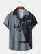 Mens All Over Contrast Dragonfly Print Lapel Street Short Sleeve Shirts - Dark Gray