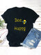 Cartoon Bee Happy Letter Printed Short Sleeve O-Neck T-shirt - Black