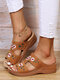Flores cómodas de verano para mujer bordadas Plus Tamaño cuña informal cosida a mano zapatillas - marrón