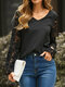 Women Solid Color V-neck Lace Patchwork Button Long Sleeve T-Shirt - Black