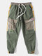 Mens Contrast Patchwork Applique Zipper Pocket Utility Drawstring Pants - Army Green
