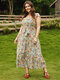 Plus Size Floral Print Backless Ruffle Knotted Maxi Dress - Green
