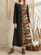 Tribal Pattern Long Sleeve O-neck Pocket Maxi Dress - Black
