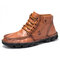 Men Cow Leather Hand Stitching Soft Lace Up Ankle Boots - Dark brown