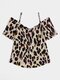 Leopard Print Strap Off Shoulder Short Sleeve Blouse - Brown