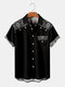 Mens Monochrome Geometric Print Lapel Ethnic Short Sleeve Shirts - Black