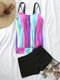 Plus Size Women Stripe Cover Belly Spaghetti Straps Tankini Beach Swimwear - Purple