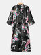 Women Floral Peacock Print Luxury Satin Faux Silk Home Kimono Robes - Black
