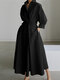 Сплошной карман с пуговицами и длинными рукавами Maxi Рубашка Casual Платье - Черный