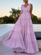 Leisure Solid Lettuce-Edge Knotted Zip V Neck Maxi Dress - Purple