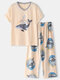 Plus Size Women Whale Print V-Neck Drop Shoulder Loose Pajama Sets - Blue
