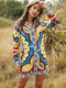 Vintage Print Long Sleeves Turn Down Collar Dress - As Picture