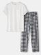 Mens Solid Color Split Hem Cotton Pajamas Sets With Plaid Pants - White