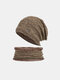 2 Pcs Men Knitted Plus Velvet Argyle Warp Knitting Letter Metal Label Ear Protection Beanie Hat Bib Scarf Set - Khaki