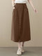 Women Solid Button Front Casual Skirt With Pocket - Brown
