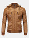 Mens Winter Warm Soild Color Long Sleeve Hooded PU Leather Zipper Jacket - Yellow