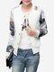 Women Flower Print Baseball Button Long Sleeves Jackets - White