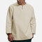 Mens National Style Solid Color Long Sleeve Cotton Brief Loose Casual T shirt - Khaki