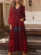 Plaid Print Pocket V-neck Long Sleeve Maxi Vintage Dress - Wine Red