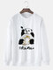 Mens Cartoon Panda Cat Print Crew Neck Pullover Sweatshirts - White