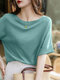Women Solid Crew Neck Knit Casual Half Sleeve Blouse - Green