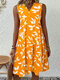 Women Allover Leaf Print V-Neck Tiered Sleeveless Dress - Yellow