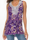 Lace Patchwork Ethnic Print Sleeveless Tank Top For Women - Purple