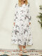 Butterfly Pocket Long Sleeve Zip Front Print Dress For Women - White